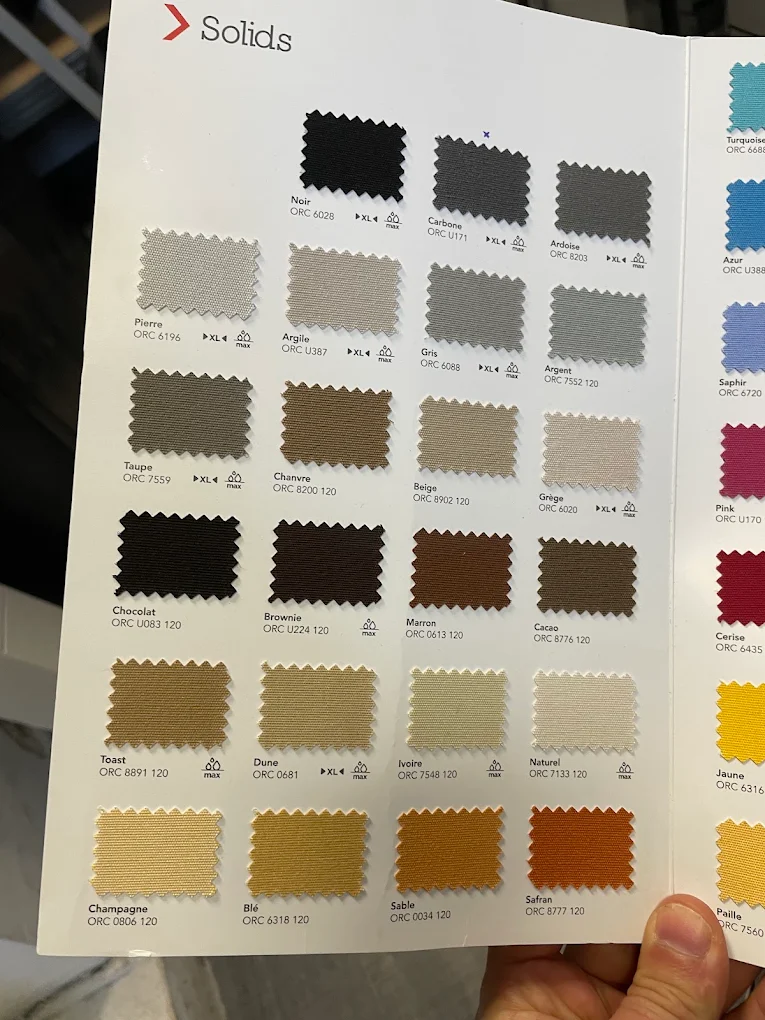 Nuancier de toiles de store banne, coloris unis